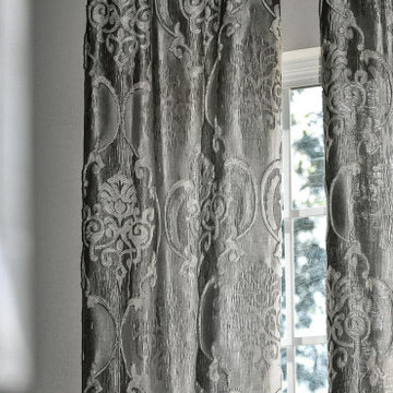 Raw silk gray and white  raised embroidered window treatment