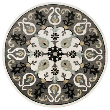 Ornate Gray and White Medallion Round Rug, 5' Round