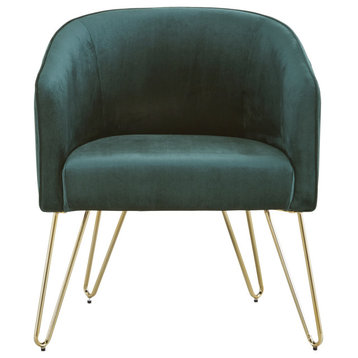 Elegant Accent Chair, Golden Hairpin Legs With Curved Velvet Seat, Dark Green