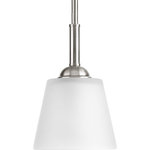 Progress Lighting - Arden 1-Light Mini-Pendant, Brushed Nickel - The one-light mini-pendant from the Arden collection offers a comfortable silhouette that is both rustic and modern. A substantial arm suspends etched glass.