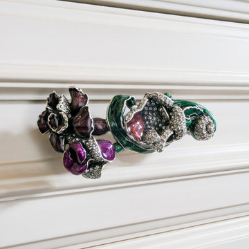 Custom Couture Master Closet in Winnetka with Colorful Jeweled Drawer Pulls