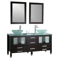 63" Solid Wood & Glass Double Vessel Sink Vanity Set with Polished Chrome Fa