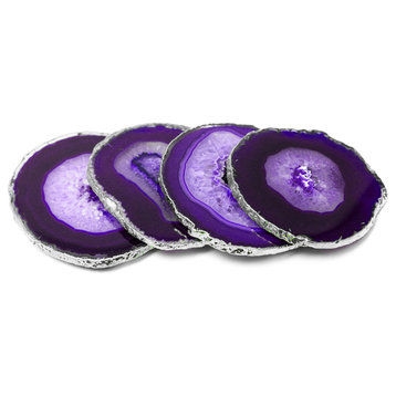 Modern Home Set of 4 Natural Agate Stone Coasters - Purple w/Silver Edge