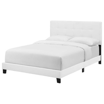 Contemporary Modern Twin Size Bed Frame, Fabric, White, Box Spring Required