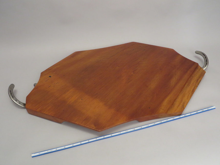 #15050 Hand-Carved Serving Tray. Reclaimed Elm Threshing Floor & Horseshoe Handl