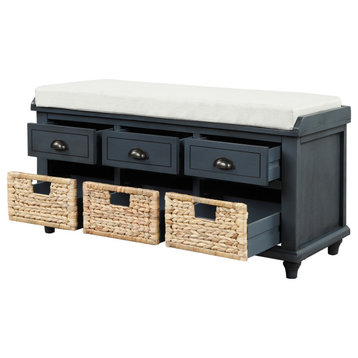 Gewnee Rustic Storage Bench With 3 Drawers And 3 Rattan Baskets