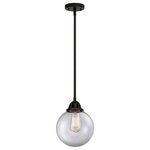 Innovations Lighting - Beacon Mini Pendant, Matte Black, Clear, Clear - The Nouveau 2 is a highly detailed work of art that draws the eyes into its base and arm detail. The true show stopping piece is the beautifully curved glass shade that's sure to wow you and guests alike.