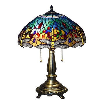 Serena d'italia Tiffany 2-Light Blue Dragonfly 23" Bronze Table Lamp