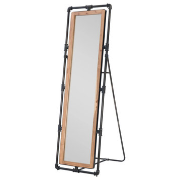 Industrial Floor Mirror, Pipe Style Metal & Acacia Wood Frame, Gunmetal/Natural