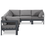 Meridian Furniture - Nizuc Water Resistant Patio L-Shaped Modular Sectional, Gray, 6-Piece: 3 Armless Chair, 3 Corner Chair, Dark Gray Aluminum Frame - Pick and choose your favorites from the Nizuc collection to create a modular seating group the whole gang will enjoy. The sturdy aluminum frame provides dependable support for friends and family as they relax and unwind, and the resilient grey water resistant fabric stands up to the elements without losing its beautiful demeanor, so you can count on it lasting for the long haul. Latches beneath these seating pieces help you easily attach them to one another for convenient setup.