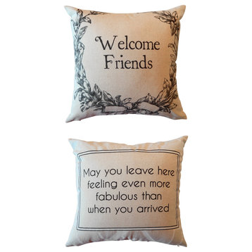 Welcome Friends Wreath Double Sided Linen Message Pillow With Removable Leaf Pin