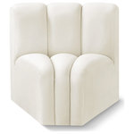 Meridian Furniture - Arc Upholstered Modular Component, Cream, 1-Piece: Curved Corner, Velvet - Give your living room or den the perfect blend of style and versatility with this Arc velvet fabric curved corner chair. Part of the Arc modular furniture collection, this chair comes upholstered in rich cream velvet fabric and features deep channel tufting that adds a touch of luxury while enhancing comfort and support. A seamless combination of form and function, this chair can be used with other Arc pieces to create a myriad of configurations in your well-curated room.