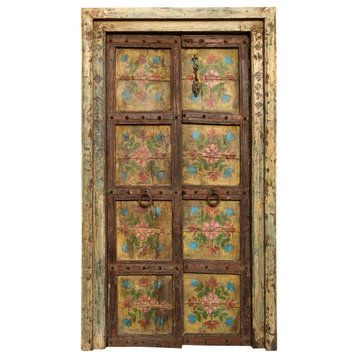 Antique India Door, Rustic Teak Mediterranean Style Yellow Painted Door, 74x41
