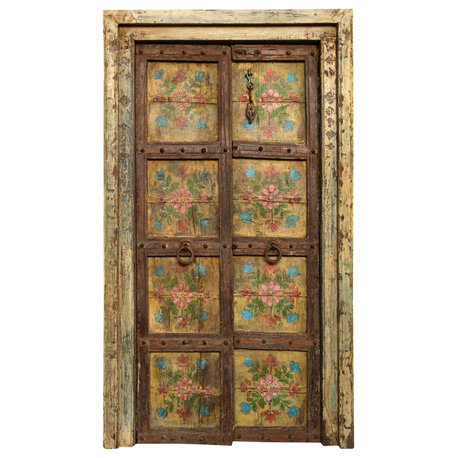 Consigned Antique India Door Rustic Teak Wood Yellow Painted Garden Door, 74x41