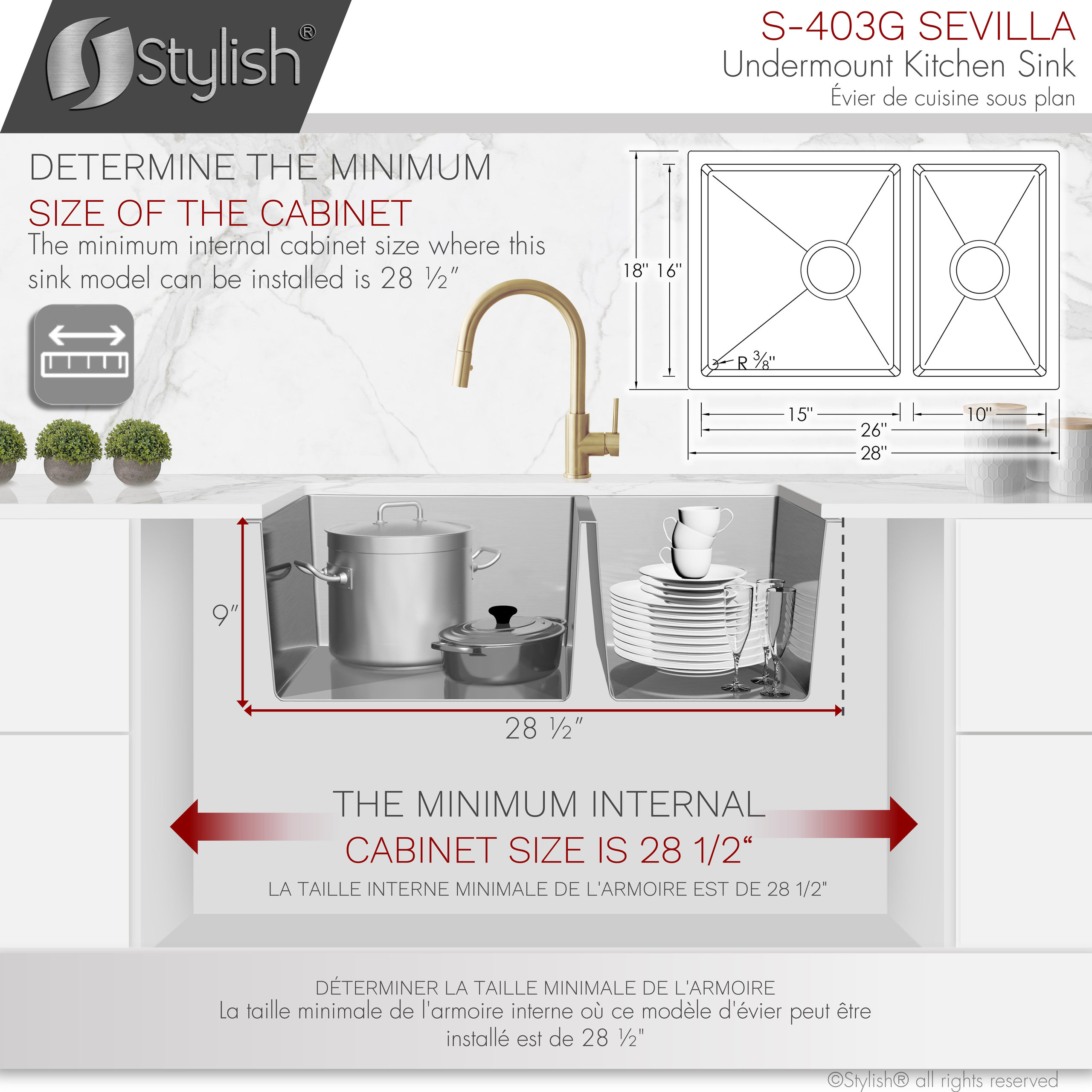STYLISH 28" Double Bowl 60/40 Reversible Undermount Stainless Steel Kitchen SInk