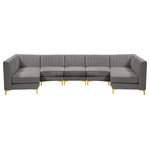 Meridian Furniture - Alina Velvet Modular U-Shaped Sectional, Grey, 7-Piece: 5 Armless Chair, 2 Corner Chair - Bring modern beauty to your space with the addition of this Alina Velvet Modular sectional. This beautiful sectional features deep channel tufting to ramp up its visual interest and add to its resilient demeanor. Its soft grey velvet upholstery blends nicely with existing elements in your room and is sleek to the touch, making this seat a super comfortable one. Part of the modular Alina collection, this sectional has a latch that attaches it to other pieces to create your custom seating arrangement.