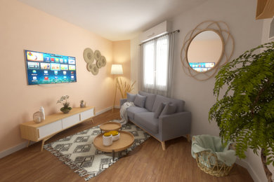 Inspiration pour un petit salon design avec un mur beige, parquet foncé, aucune cheminée et un téléviseur fixé au mur.