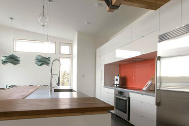 Inspiration for a modern galley concrete floor eat-in kitchen remodel in Other with an undermount sink, flat-panel cabinets, white cabinets, concrete countertops, orange backsplash, glass sheet backsplash, stainless steel appliances and an island