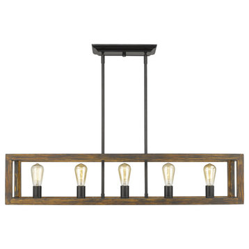 Sutton 5 Light Linear Pendant, Black With Wood Cage, Black Without Chicken Wire