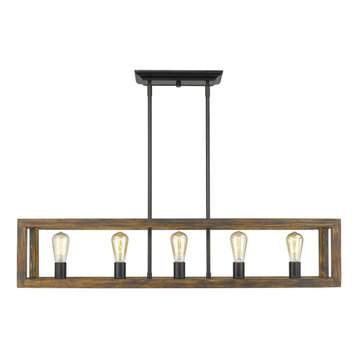 Sutton 5 Light Linear Pendant, Black With Wood Cage, Black Without Chicken Wire