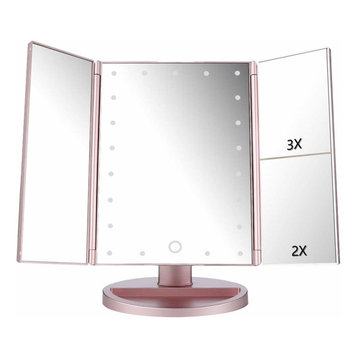 Tri-fold Vanity Mirror With LED Lights, Battery and USB Charging, Modern Design