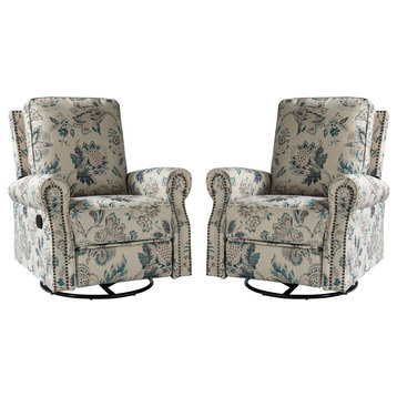 39" Manual Swivel Glider Recliner With Nailhead Trims, Set of 2, Teal