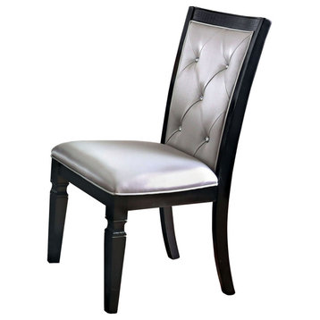 Wooden Side Chair With Leatherette Seating, Set Of 2, Silver And Black