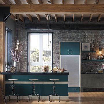 Omega Cabinetry: Modern Textured Laminate Cabinets in Industrial Style Kitchen
