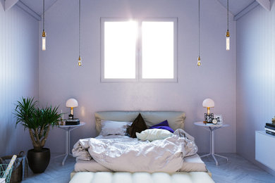Bedroom - small scandinavian master light wood floor and white floor bedroom idea in Other with white walls
