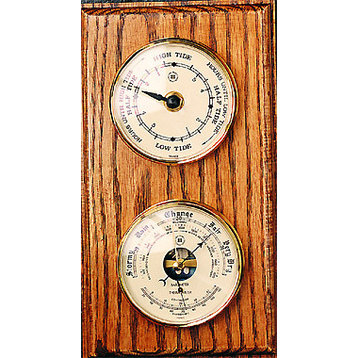 Brass Tide Clock and Barometer/Thermometer on Oak Weather Station