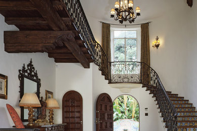 Tuscan ceramic tile and brown floor entryway photo in Los Angeles with white walls and a dark wood front door