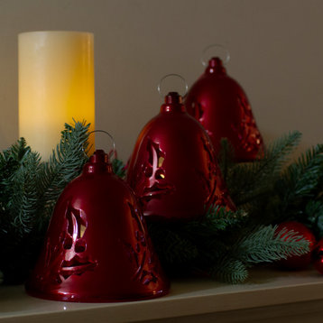 Set of 3 Musical Lighted Red Bells Christmas Decorations, 6.5"