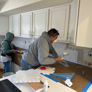 Custom Limestone Mosaic Backsplash Installation