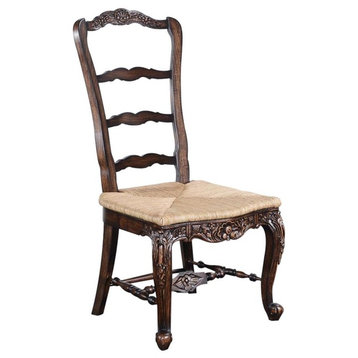 French Country Tall Chair  Walnut Intricate Carved Wood  Handwoven