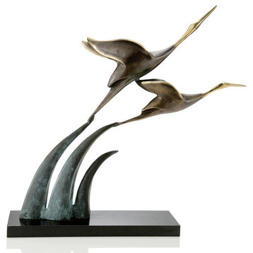 Airborne Cranes Brass and Marble Statue 15 Inch