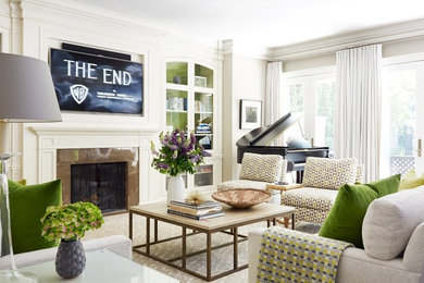 Inspiration for a timeless carpeted living room remodel in Toronto with a music area, gray walls, a standard fireplace and a wall-mounted tv