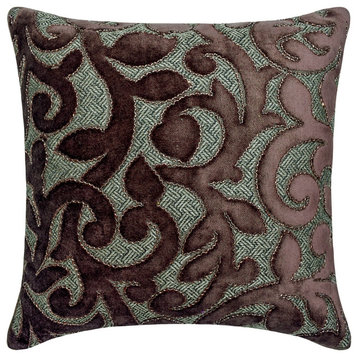 Brown Velvet Beaded Hand Embroidery 26"x26" Throw Pillow Cover, Abra