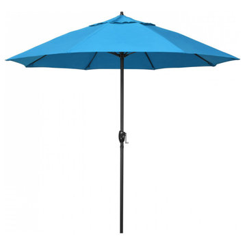 9' Patio Umbrella Bronze Pole Fliberglass Rib Auto Tilt Sunbrella, Canvas Cyan