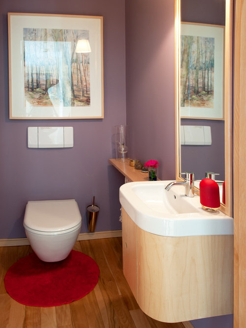 75 Most Popular Bathroom with Light Wood and Purple Walls
