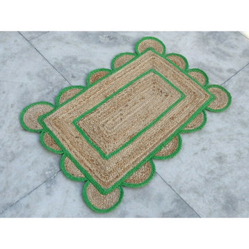 Farmhouse Area Rug, Natural Pure Jute With Scalloped Accents, Green, 4' X 10'
