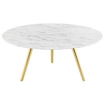 Lippa 36" Round Artificial Marble Coffee Table With Tripod Base, Gold White
