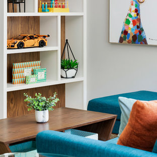 Inspiration for a medium sized contemporary walk-out basement in Minneapolis with grey walls, porcelain flooring and beige floors.