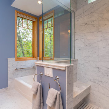 Traditional Carrara Marble Primary Bath Refresh With Maple Vanity
