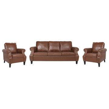 Burkehaven Contemporary Faux Leather 3-Piece Sofa Set, Cognac Brown/Dark Brown