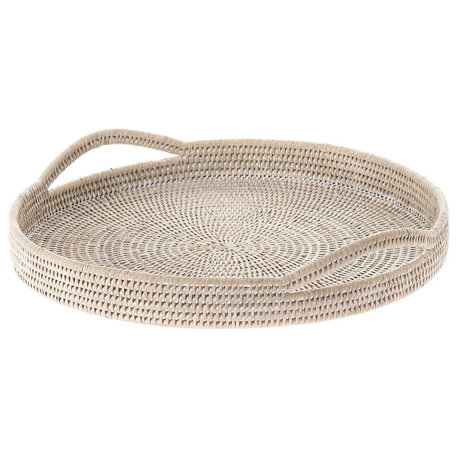 La Jolla Rattan Round Serving Tray, White-Wash