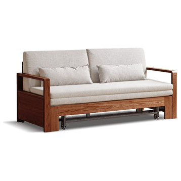 North American Oak Solid Wood Sofa Bed Modern MultiFunctional, Walnut Gravel White 1.58m Sofa Bed 62.2x32.6-77.5x34"