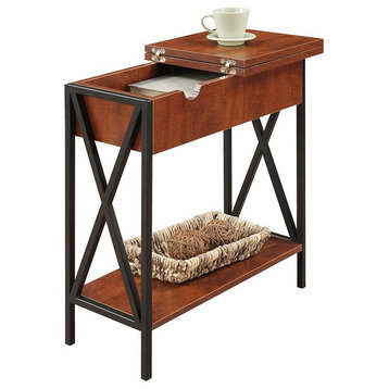 Transitional Style Metal X-frame Electric Flip Top Table, Black/Cherry