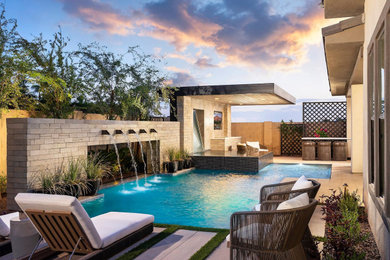 Mid-sized minimalist backyard tile and custom-shaped infinity pool landscaping photo in Phoenix