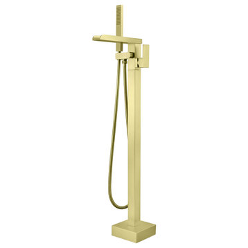 Waterfall Floor Mounted Tub Faucet With Hand Held Shower, Brushed Gold