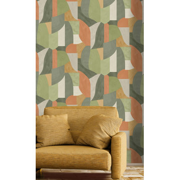 Brush Stroke Overlapping Geometric Shapes Wallpaper, Khaki, Double Roll